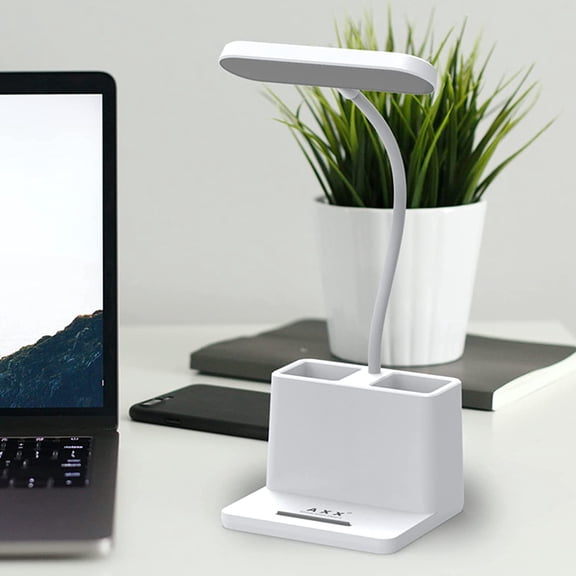 Rechargeable Small Desk Lamp for Home Office Bedroom, Study Table Light for Kids Teens, White, LED, Pen Holder, Mini, Gooseneck, College Dorm Room Lighting for Computer Keyboard Desktop Task