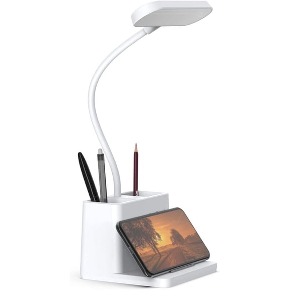Rechargeable Small Desk Lamp for Home Office Bedroom, Study Table Light for Kids Teens, White, LED, Pen Holder, Mini, Gooseneck, College Dorm Room Lighting for Computer Keyboard Desktop Task