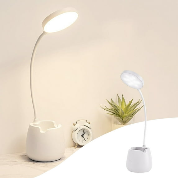 Rechargeable Small Desk Lamp for Kids Teens, White, LED, Pen Holder, Mini, Gooseneck, College Dorm Room Lighting for Home Office Bedroom, Study Table Light for Computer Keyboard Desktop Task