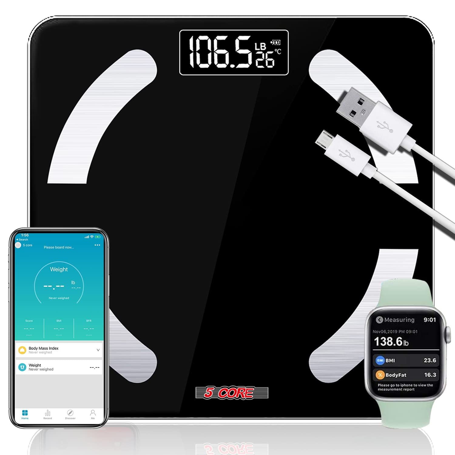 5 Core Digital Bathroom Scale for Body Weight Fat Smart Bluetooth  Rechargeable