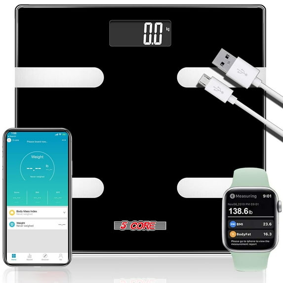 Rechargeable Smart Digital Bathroom Weighing Scale with Body Fat and Water Weight for People, Bluetooth BMI Electronic Body Analyzer Machine, 400 lbs.5 Core BBS HL R BLK