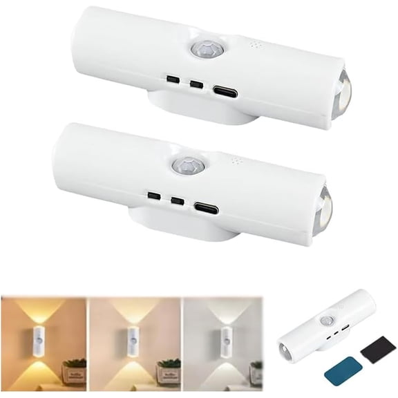 Rechargeable Smart LED Motion Sensor Ambient Light, RGB Color Changing Wireless Lamp with Magnetic Mount, Punch-Free Night Lighting for Stairs, Closet, Cabinet & Bedroom (2, White)
