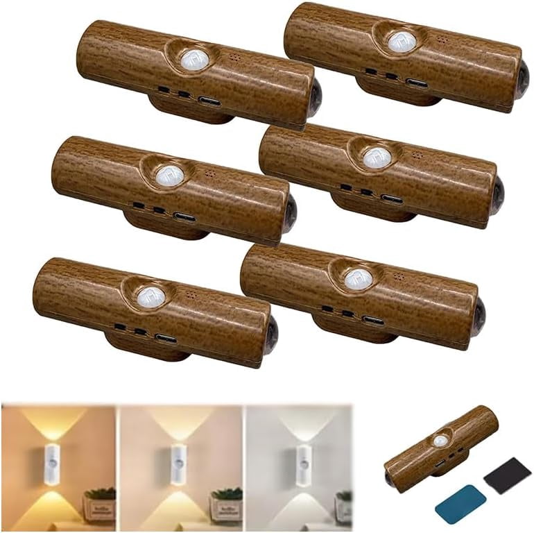 Rechargeable Smart LED Motion Sensor Ambient Light, RGB Color Changing Wireless Lamp with Magnetic Mount, Punch-Free Night Lighting for Stairs, Closet, Cabinet & Bedroom (6, False Walnut Wood)