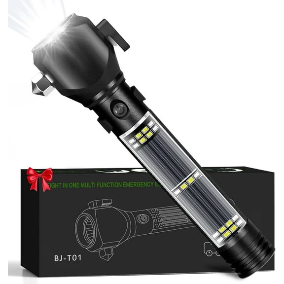 Rechargeable Solar Powered Flashlight Multi Function LED Tactical Flashlight with Glass Breaker Seatbelt Cutter Alarm and Phone Charger Powerful Handheld Flashlights for Emergencies Camping