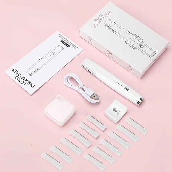 Rechargeable Sonic Dermaplaning Device for The Face, Featuring a Dermaplane Razor with Replacement Blades, an Electric Razor with Three Vibration Settings, a White LED Light, a Magnetic Stand