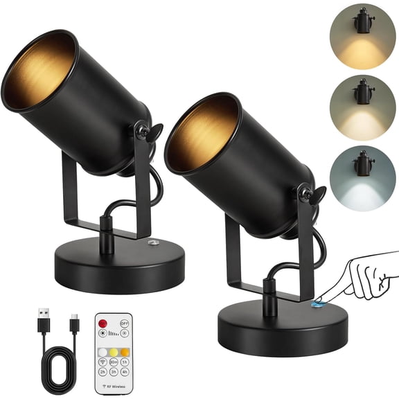 Rechargeable Spot Lights Indoor with Remote 5500mAh Battery Operated Spotlight Wireless LED Uplighting TimerDimmable 3CCT Accent Lighting for Plant/Picture/Artwork (2Pack-Black)