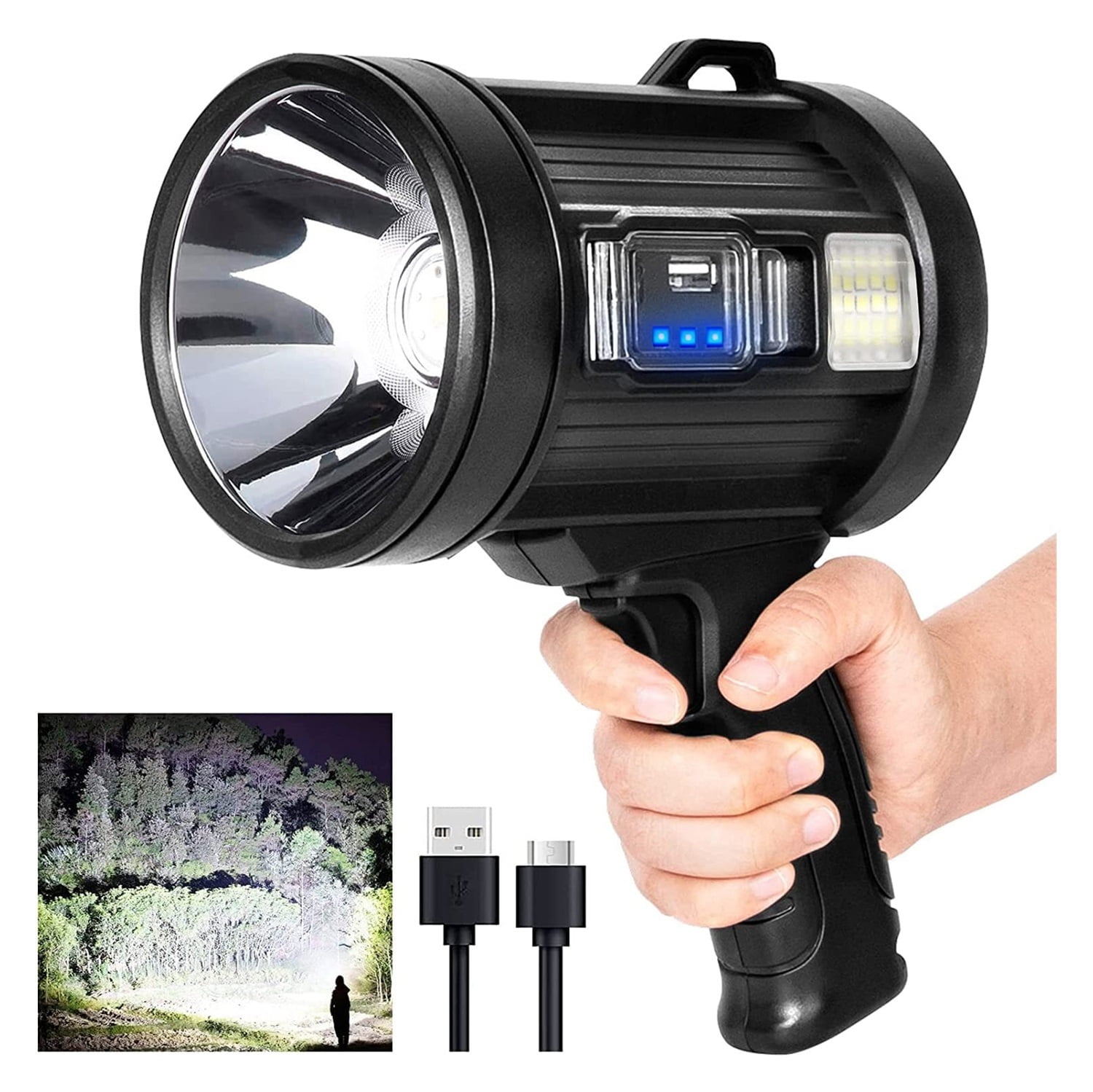 Rechargeable Spotlight, 1000,000 Lumens Handheld Hunting Flashlight Led Spot Light with Cob Light and Solar Panels, Lightweight and Super Bright Spotlight for Hunting Boating Camping