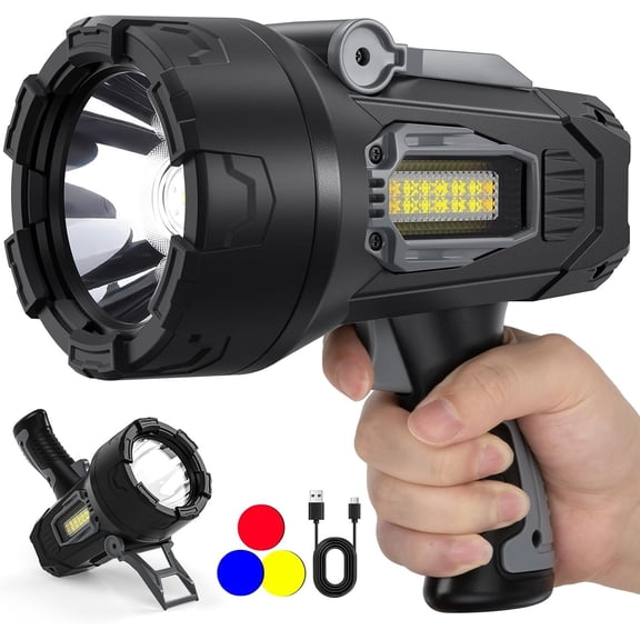 Rechargeable Spotlight, 2000000 Lumens Super Bright Spot Light, LED Handheld Spotlights Flashlight with 3 Color Lenses & Foldable Stand, Long Lasting Spot Light for Boating Outdoor