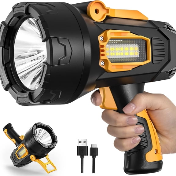 Rechargeable Spotlight 90,000 Lumens, Super Bright LED Spotlight Flashlight Outdoor with COB Light & Foldable Tripod, 10000Ah Long Lasting Large Handheld Spot Light for Boating Camping