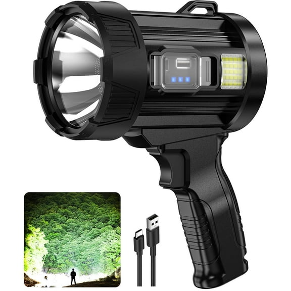 Rechargeable Spotlight, 99,000 Lumens Super Bright Handheld Led Flashlight, Outdoor Spot Light with Cob Light and Solar Panelsfor Boating Camping