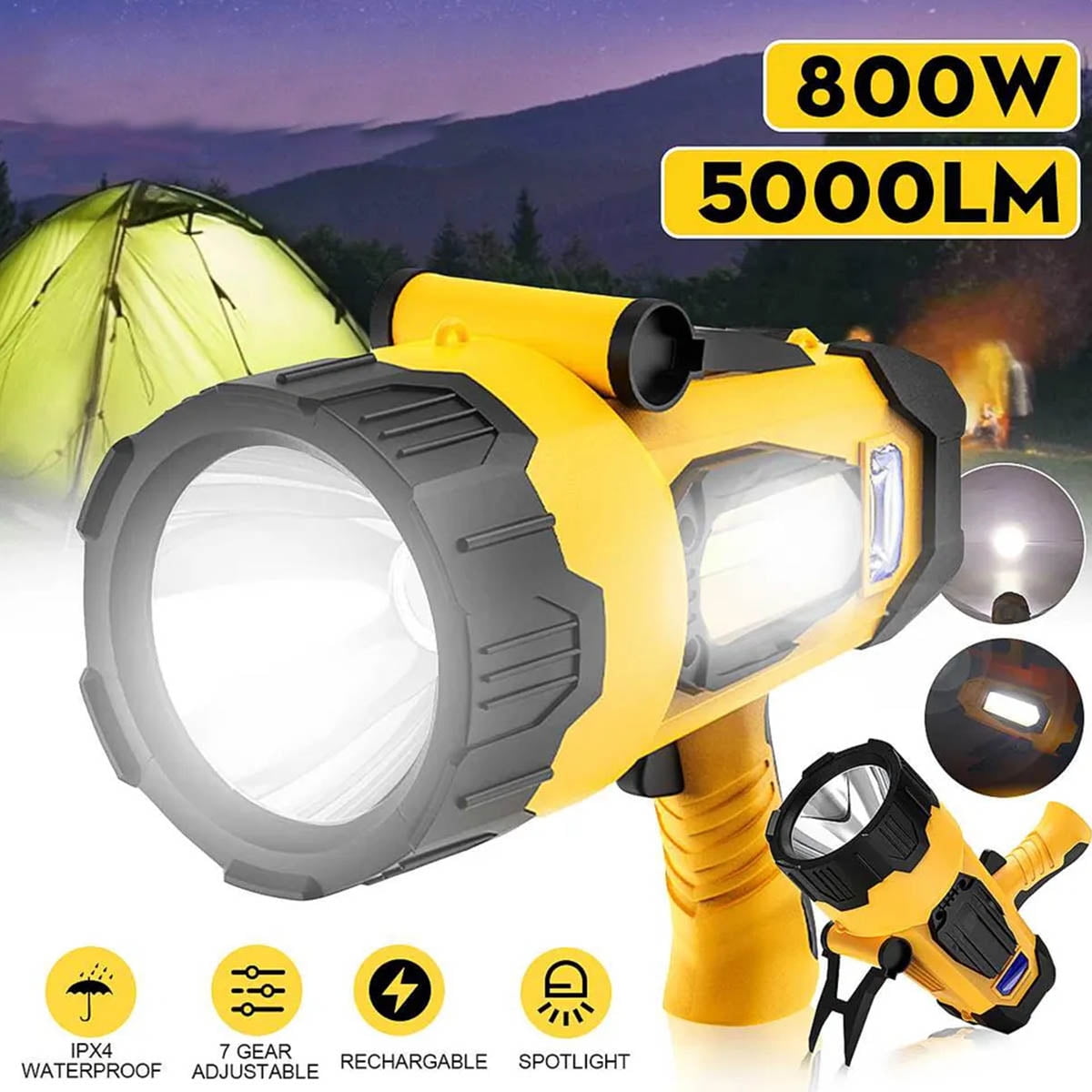 YIERBLUE Rechargeable Spotlight Flashlight with 300000 Lumen LED, IP67  Waterproof Long Running Spot Light Searchlight, Impact Resistant Handheld  Spotlight with Foldable Stand and Detachable Red Lens 