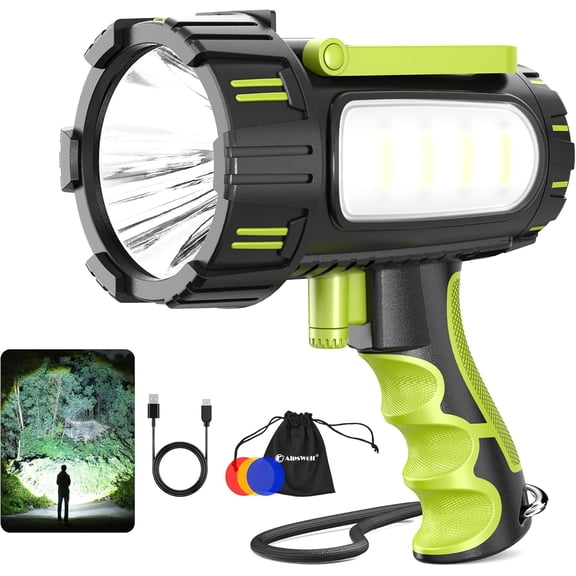 Rechargeable Spotlight Flashlight, 100000 Lumen Super Bright Handheld Spotlight, IP68 Waterproof Searchlight with Foldable Stand & 3 Color Lens for Camping Hunting Emergency
