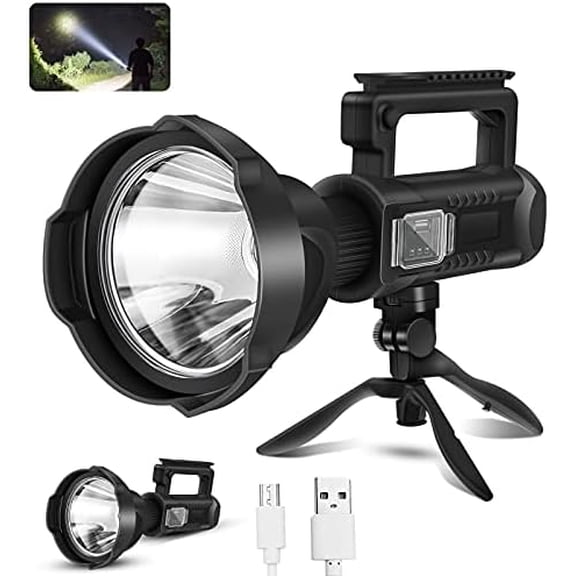 Rechargeable Spotlight Flashlight 100000 Lumens with Tripod IPX5 Waterproof Handheld Spotlight 4 Modes Search Light for Camping, Fishing, Hunting, Hiking, Emergency&Other Outdoor Activities