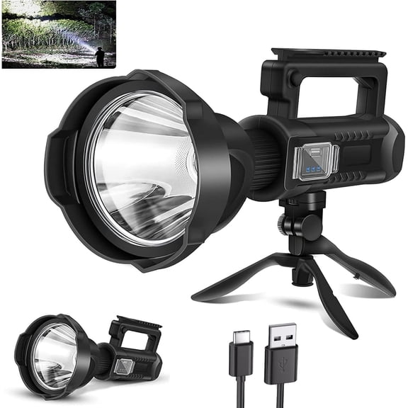 Rechargeable Spotlight Flashlight, 2,000,000L Lumens Super Bright LED Handheld Spot Light with 4 Modes, IPX5 , 10H Runtime, Adjustable Tripod, USB-C for Camping Fishing Boat
