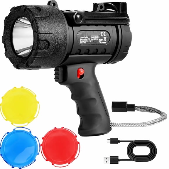 Rechargeable Spotlight Flashlight, 200,000 Lumens, IP67 Waterproof LED Spot Light, Portable Searchlight with 4 Modes & USB Port, for Camping, Hunting, Boating
