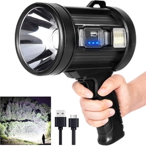Rechargeable Spotlight Flashlight 9000LM, Handheld LED Spotlight with Solar Panel & COB Floodlight, Waterproof Super Bright Light for Camping Boating Hunting Emergency - USB-C Charging
