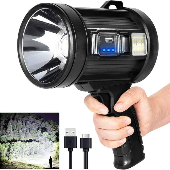 Rechargeable Spotlight Flashlight - 9000 Lumens Super Bright, Handheld LED Spotlight with COB Light & Solar Panel, Waterproof Hunting Light for Boating, Camping, Emergency (Includes USB-C Charging)
