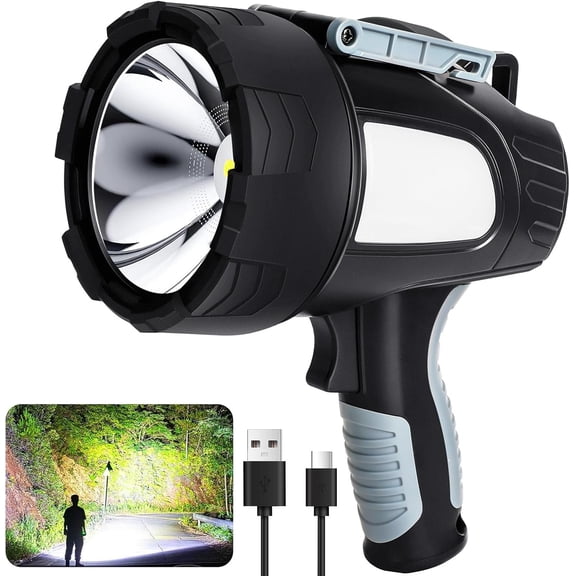 Rechargeable Spotlight Flashlight, 99,000 Lumen Super Bright Led Spotlight with 6 Modes & Foldable Tripod,  Spot Light 30H Long Runtime, Handheld Spot Light for Outdoor Boating