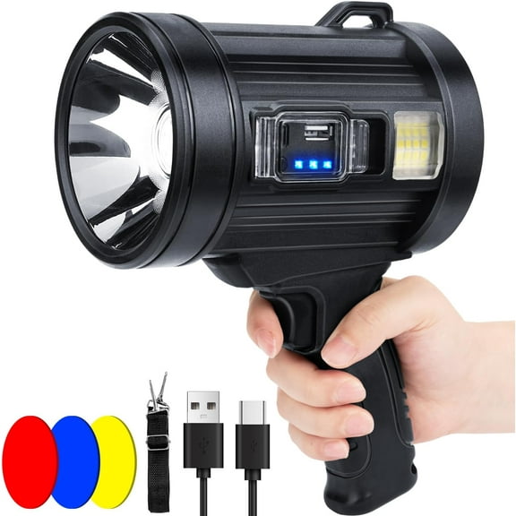 Rechargeable Spotlight Flashlight, 99,000 Lumens Spot Lights Handheld Spot Light, LED Spotlights Waterproof with COB Light,Super Bright Hand Held Spotlight for Boat