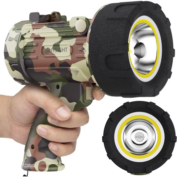 Rechargeable Spotlight Flashlight Floodlight,1000000 Lumen Hand held Spot Lights IP67 Waterproof COB Camping Lantern with red Filter(Camouflage Gray-COB)