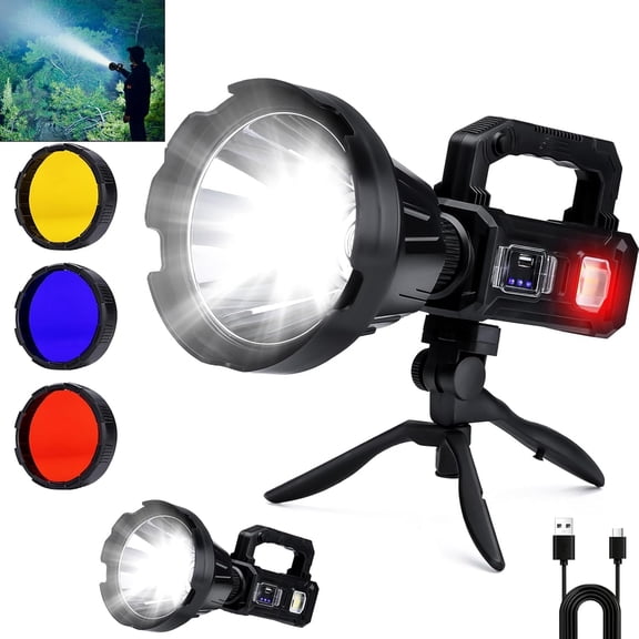 Rechargeable Spotlight Flashlight Handheld 3,000,000L, 6 Modes Super Bright Led Spot Light Outdoor Solar Power with Adjustable Tripod, Cob Light, 3 Lenses, USB C, for Boat, Fishing