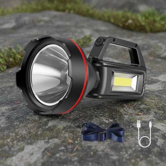 Rechargeable Spotlight Flashlight, High Lumens Handheld LED Searchlight with Shoulder Strap and USB Output for Hurricane, Emergency, Storms, Outages, Hunting, Hiking, Camping