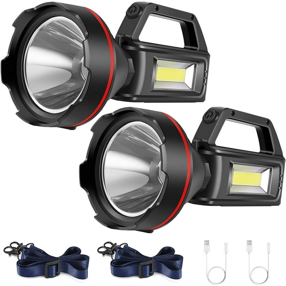 Rechargeable Spotlight Flashlight, High Lumens Handheld Spotlight,LED Searchlight with Shoulder Strap and USB Output for During Hurricane,Emergency, Storms, Outages,Hunting, Hiking, Camping(Black2)