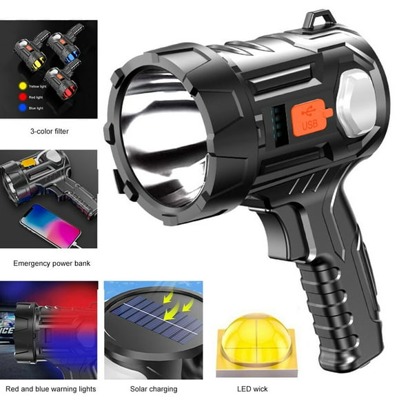 Rechargeable Spotlight Flashlight with Solar Panels, 3000 Lumen Outdoor Handheld Spot Lights and Flood Light and 3 Colors Lenses for Boating Hunting and Camping