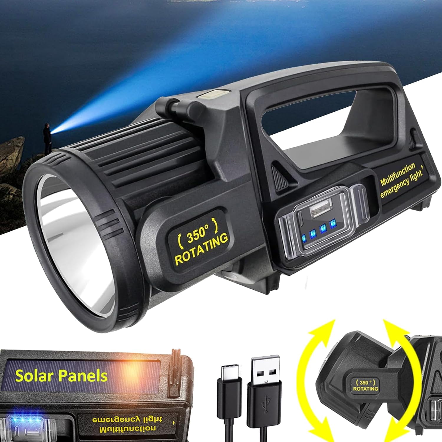 Sogidon Rechargeable Spotlight, LED Solar Spotlight Outdoor Handheld, Adjustable, Black