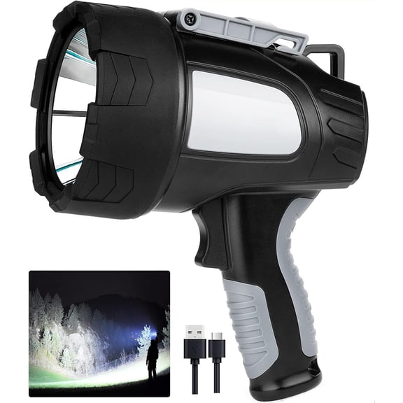 Rechargeable Spotlight Outdoor, 90,000 Lumens Led Flashlight with Cob Light and Foldable Tripod, 6 Modes Waterproof Handheld Spot for Outdoor Marine Boating Hnting