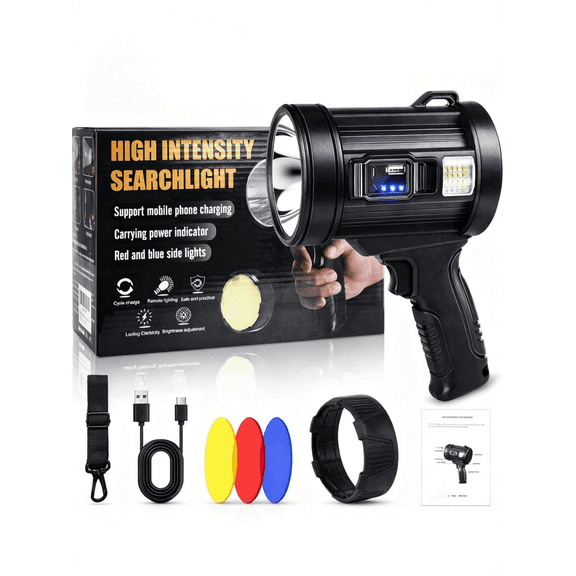 Rechargeable Spotlight w/ Solar Panel, Super Bright Handheld Searchlight, COB Work Light, 4-Color Lenses, 6 Modes, USB+Solar Charging, IPX4 for Hunting Camping Boat
