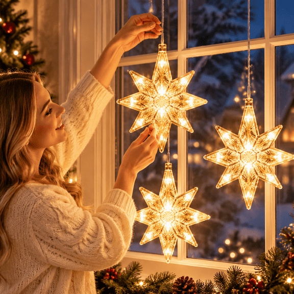 Rechargeable Star Christmas Window Lights,Christmas Window Decorations, White Bethlehem Star Lights for Christmas Decorations(3pcs)