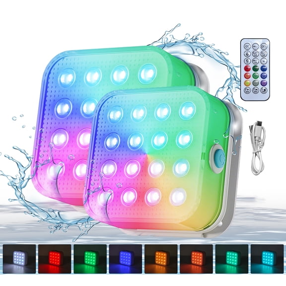 Rechargeable Submersible Pool Lights with Remote, Waterproof Underwater Charging Battery Operated Controlled 16 Color Changing LED with Magnet Floating Lights Pool Pond Decoration,2Pack
