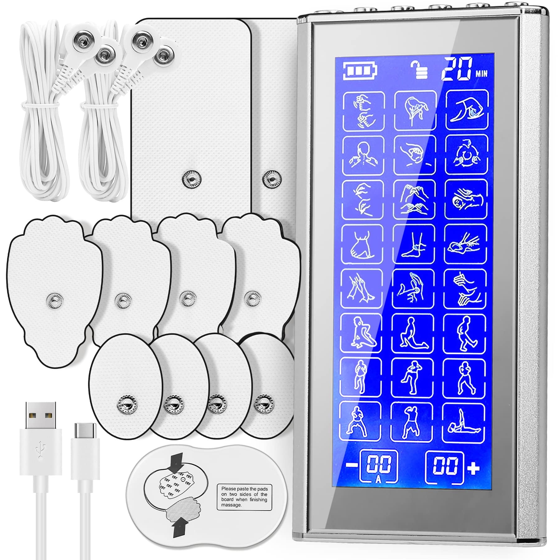 Maytoyo 4 Channels TENS Unit EMS Device 24 Modes 30 Level Intensity Muscle  Stimulator for Pain Relief Rechargeable TENS Machine Pulse Massager with 12
