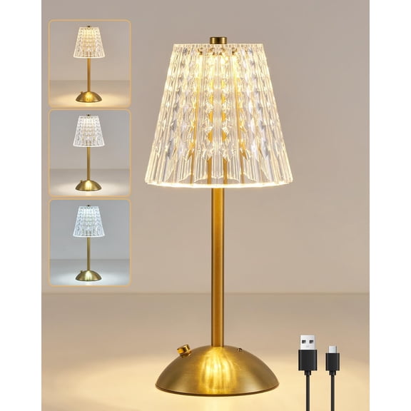 Rechargeable Table Lamp Brass, LED Small Desk Lamp Battery Operated, Dimmable & 3 Colors Bedside Reading Light, Cordless Touch Lamps for Nightstand Bedroom Living Room Bar Restaurant