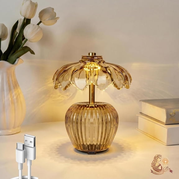 Rechargeable Table Lamp, Cordless Lamp with Timer, Glass Flower Lampshade, Small Table Lamps, Decorative Led Light for Bedroom Living Room Shelf (Yellow)