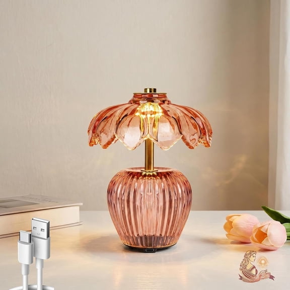 Rechargeable Table Lamp, Cordless Lamp with Timer, Glass Flower Lampshade, Small Table Lamps, Decorative Led Light for Bedroom Living Room Shelf ()