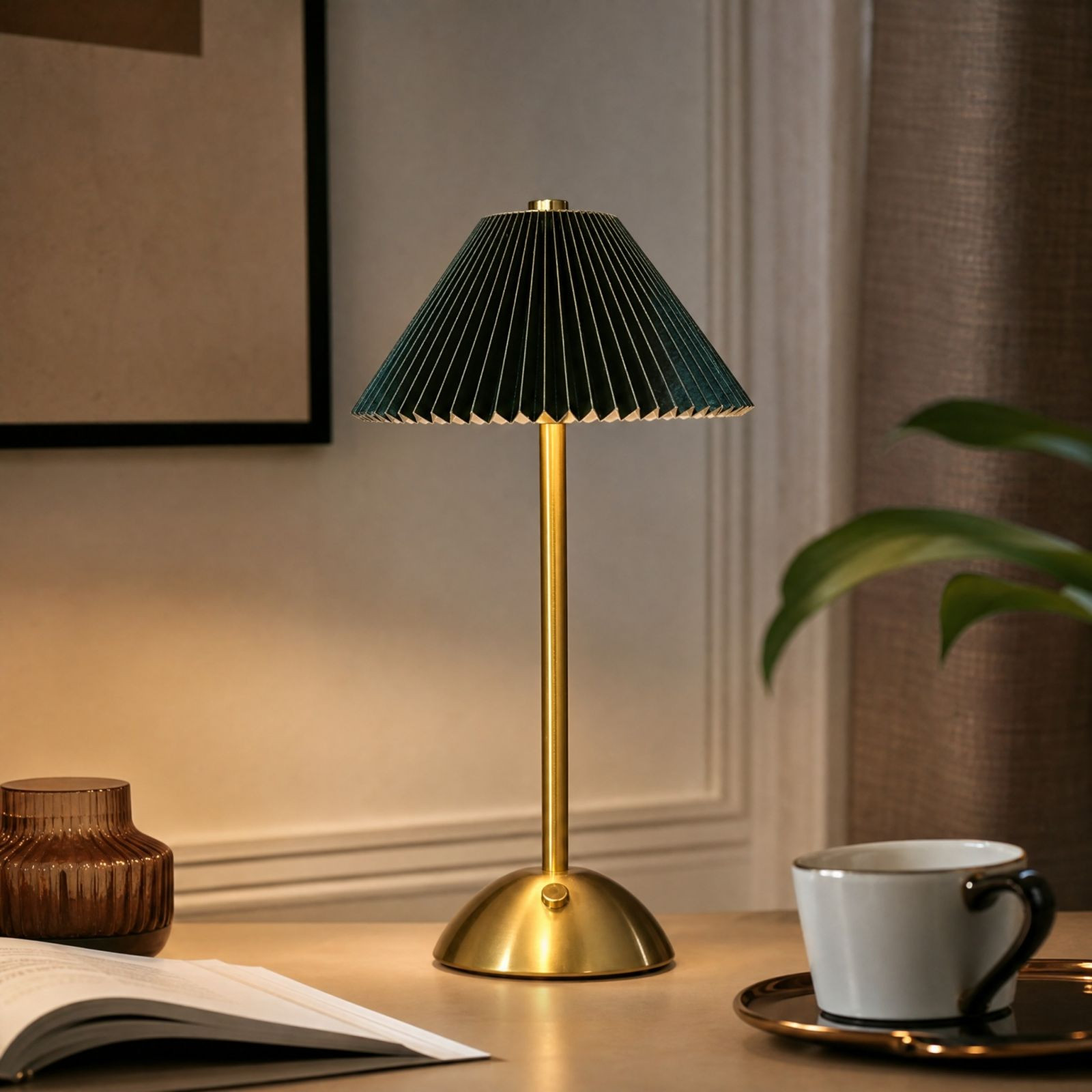 Rechargeable Table Lamp Vintage Gold Desk Night Light With Pleated Rechargeable Table Lamp Vintage Gold Desk Night Light With Pleated