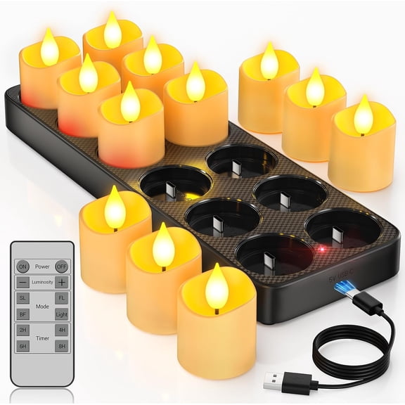 Rechargeable Tea Lights Candles with Charger Storage Base, 12 Pack Battery Operated LED Flameless Votive Candles with Remote Timer for Lantern Fireplace Wedding Party Table Home Room Decor