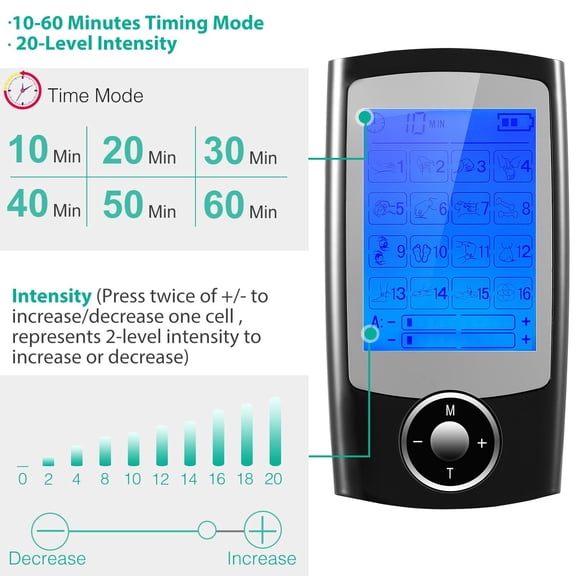 Rechargeable Tens Unit Machine Impulse Massager 16 Modes Pain Relief Body Massager Machine Muscle Stimulator w/ 2 Outputs and 6hrs Working For Relief Relaxing Fitness