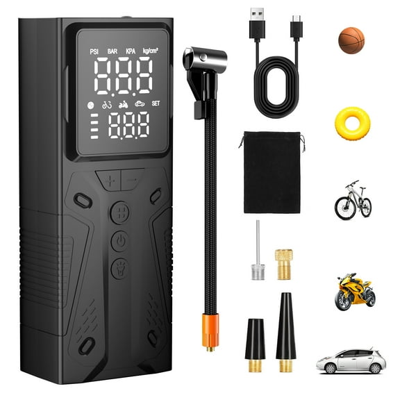 Rechargeable Tire Inflator, 150PSI Portable Air Compressor with Digital Gauge, Fast Inflation for Car Tires, Motorcycle, Bike, Basketball & Emergency LED Light