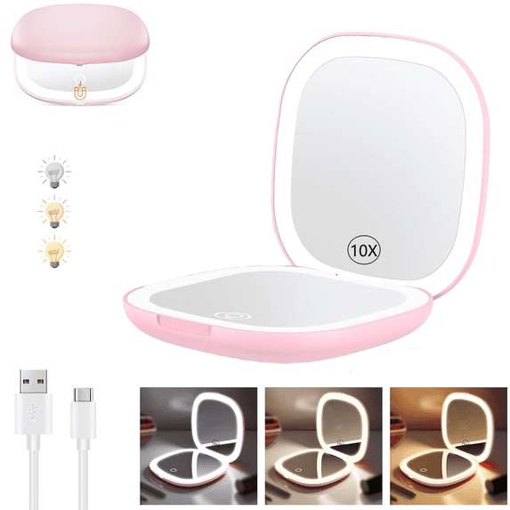 Rechargeable Travel Makeup Mirror with Lights, Portable Lighted Beauty Mirror, 3 Color Lighting, Dimmable Touch Screen, Compact Folding Vanity Mirror, Women Gift,Travel Essentials