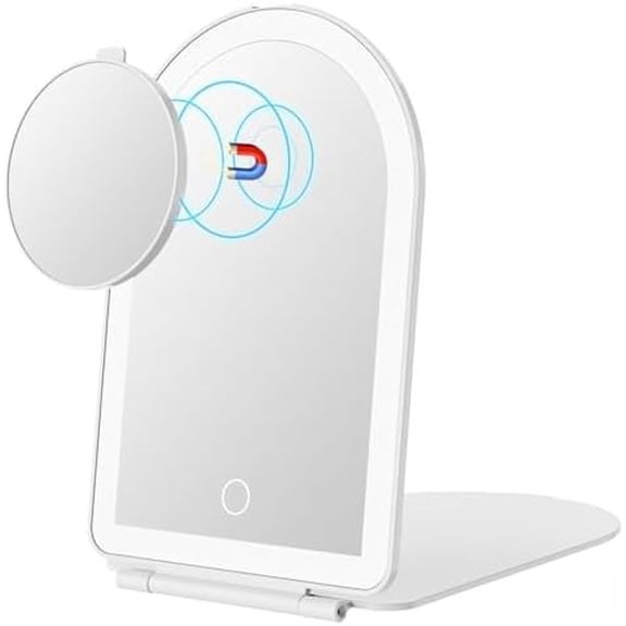 Rechargeable Travel Makeup Mirror with Lights,Portable Lighted Compact Mirror with Small 10X Magnification,3 Color Lighting, Dimmable  Screen, Tabletop LED Folding  Vanity Mirror