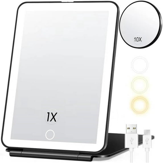 Rechargeable Travel Makeup Mirror, Vanity Mirror with 80LEDs, 3 Color Lighting, 2000mAh Battery, Portable Ultra Slim Lighted Makeup Mirror, Gift for Women (Black)