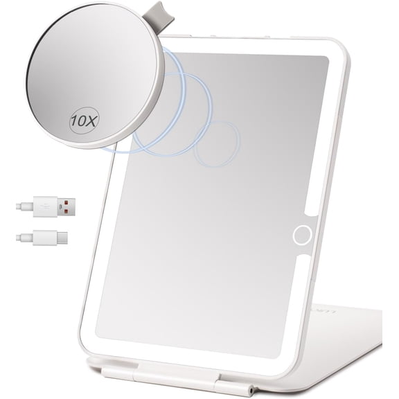 Rechargeable Travel Makeup Mirror with Light,7x5 inches Portable Lighted Vanity Small 10X Magnifying, LED 3 Color Dimmable, Tabletop Folding Compact