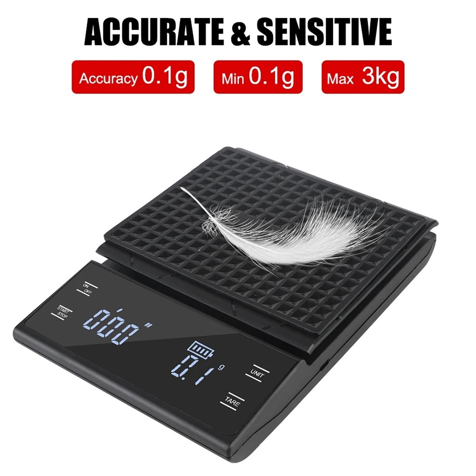 Rechargeable Type-C 3KG/0.1g Electronic g/oz/ml LED display Coffee Kitchen Weight Scale High Precision Auto Timer Digital