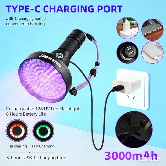 Rechargeable UV Flashlight,128 Led 395nm Black Light, Pet Urine & Stain Detector for Dog/Cat, Bed Bugs, Curing Resin, Durable and Long Lasting