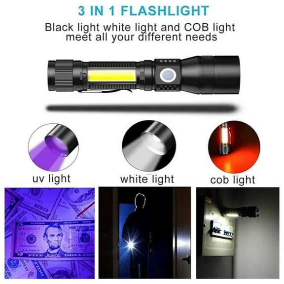 Rechargeable UV Flashlight, 3-in-1 Black Light LED Tactical Flashlight 2000 Lumens, 7 Modes, IPX6 Waterproof, 395nm UV Detection (USB Charging, No Battery Needed)