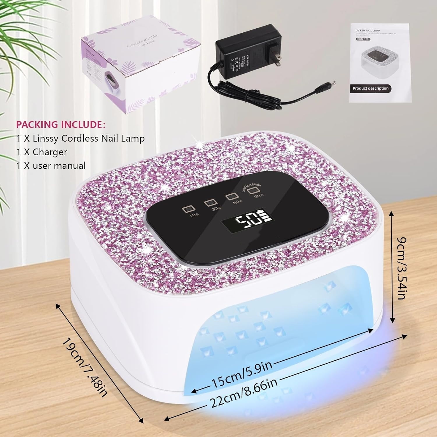 Rechargeable UV/LED Nail Lamp with Auto Sensor, Portable Cordless Gel Nail Dryer Light 4 Timings & Diamond LCD Screen, UV Light for Gel Nails at Home Salon (White)