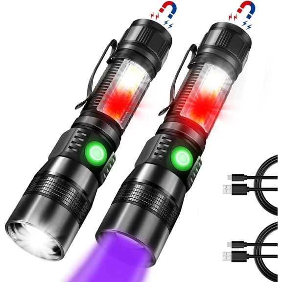 Rechargeable UV flashlight, 3in1 tactical flashlight led UV black light with Redlight, 1200 high lumen magnetic LED flashlight with cob sidelight, 7 mode, zoomable, waterproof for camping 2pack